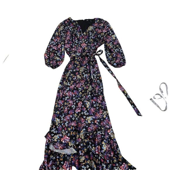 New SAM EDELMAN Black Mixed Floral Tiered Ruffle Wrap Maxi Dress Women's Sz 10 - Picture 4 of 12